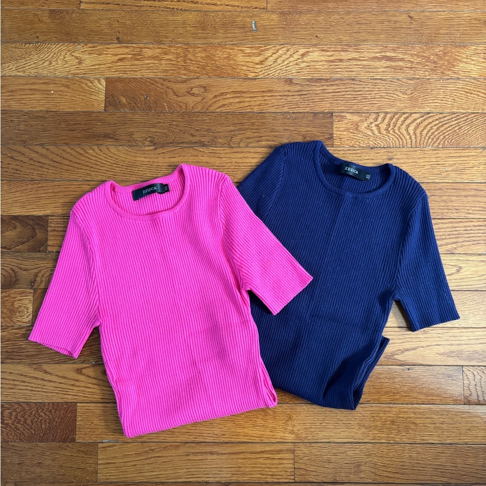 Ribbed Short-Sleeve Tee Set in Hot Pink & Navy